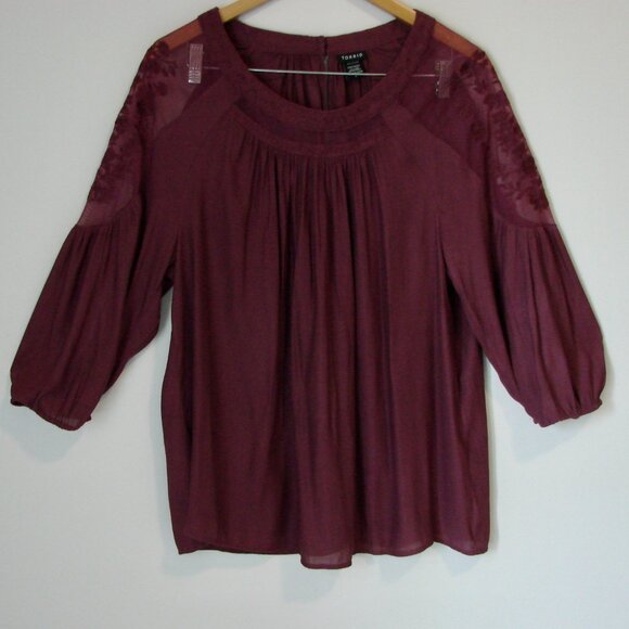 Torrid Boho Embroidered Blouse Long Sleeve Sheer Wine Burgundy Size 0 12 Large - Picture 1 of 13